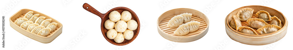 Poster view from the top of a wooden plate of dumplings with a transparent background