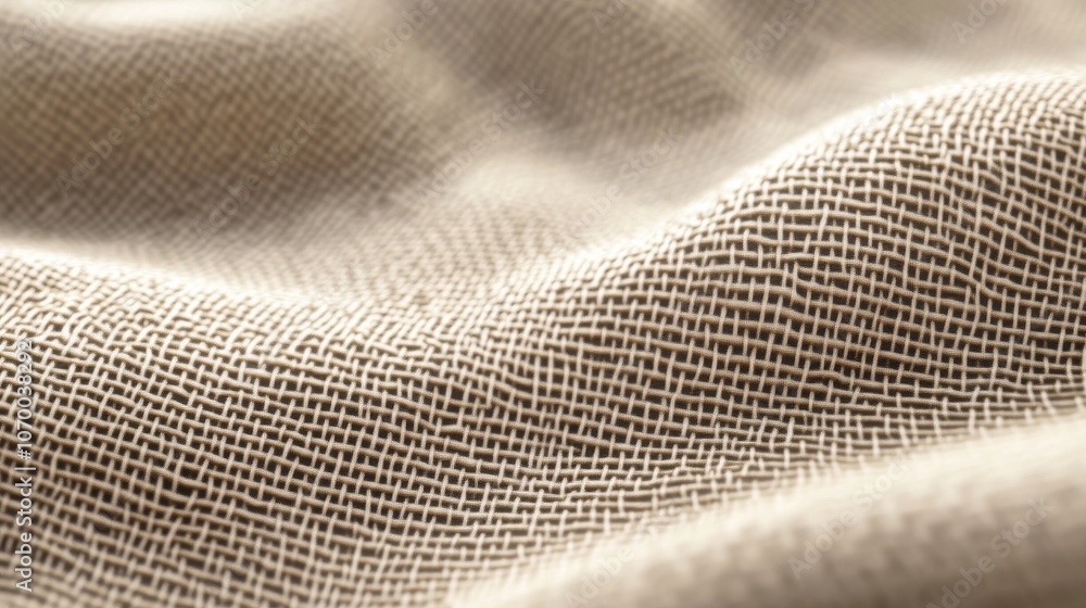 Aufkleber close-up of a wrinkled beige fabric showcasing a visible weave pattern, emphasizing texture and deta