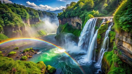 Lush Waterfall Surrounded by Vibrant Greenery with a Stunning Rainbow and Gentle Mist in the Air, Capturing the Essence of Nature&acirc;&euro;&trade;s Beauty in a Serene Landscape