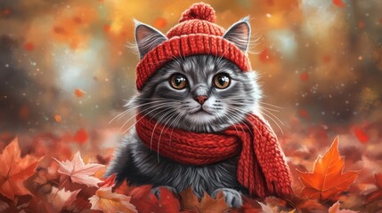 Fototapeta premium A cute gray cat with a red knitted hat and scarf sitting in a pile of autumn leaves.