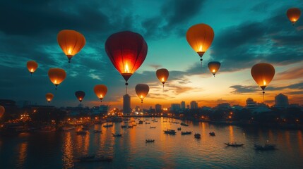 Fototapeta premium A vibrant cityscape at dusk with multiple hot air balloons floating in the sky and a river with boats.