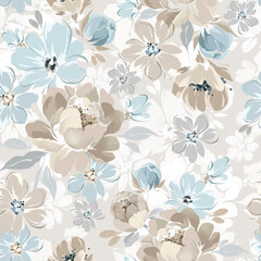Seamless floral botanical abstract pattern and background with abstract peony and little flowers and leaves