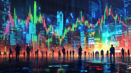 Obraz premium Global stock market icons and trends on large screen, international cityscape background 