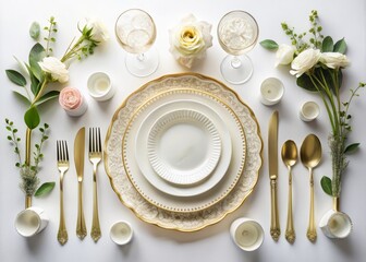 Elegant Table Setting with Plates and Tableware on White Background - Top View of a Beautifully Arranged Dining Experience Ideal for Elegant Events and Celebrations