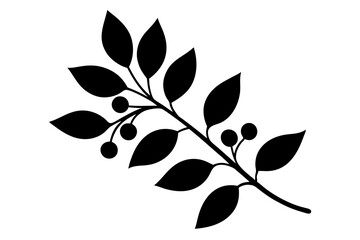 Branch with leaves and berries in black isolated on white background. Hand drawn vector silhouette illustration in modern trendy simple doodle outline style. Floral trendy design, print