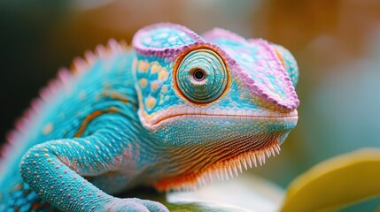 Fototapeta premium A vibrant blue and pink chameleon with a yellow eye looks directly at the camera, perched on a green leaf.