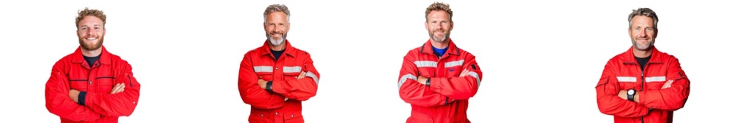 In red work clothes, skilled worker in red labor gear, png isolated on white transparent background