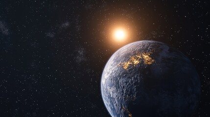 Fototapeta premium A stunning view of Earth from space with the sun shining brightly behind the planet.
