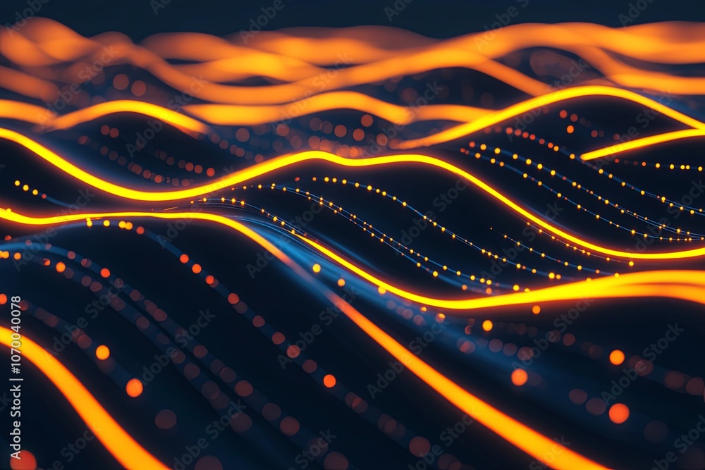 Poster Dynamic orange waves of light create a mesmerizing pattern in a dark background, illustrating abstract technology and motion. Generative AI
