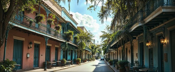 Fototapeta premium New Orleans French Quarter historic buildings with balconies and wrought iron railings, Spanish moss, colorful architecture for business or travel visuals with copy space