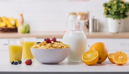 Healthy and delicious breakfast at home with cereal, fresh milk and fresh fruit,