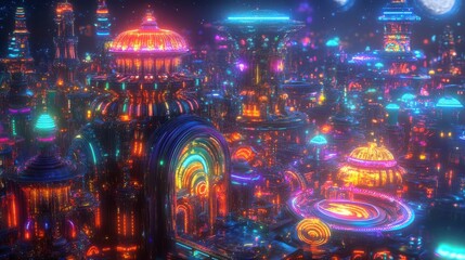Fototapeta premium A vibrant, futuristic cityscape illuminated by neon lights in a mesmerizing kaleidoscope of colors.