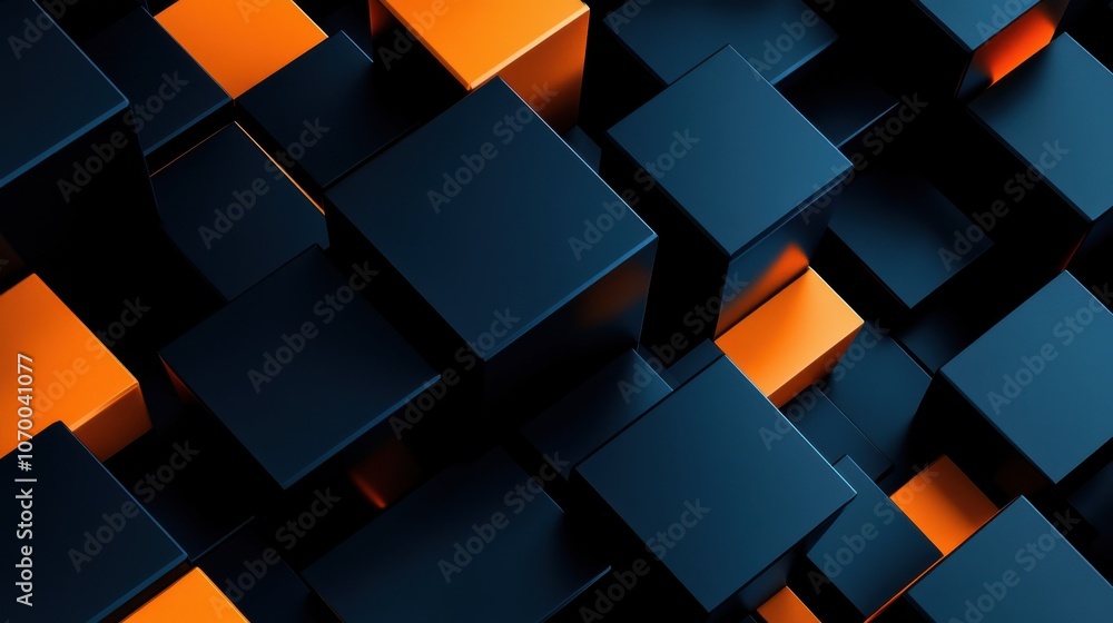 Poster abstract composition of black and orange cubes creating a dynamic modern background.