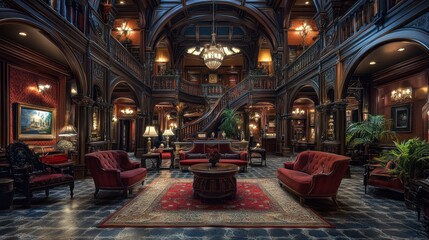 Obraz premium A grand, opulent, and antique interior with high ceilings, intricate woodwork, ornate chandeliers, and plush velvet furniture, all exuding an air of timeless elegance.