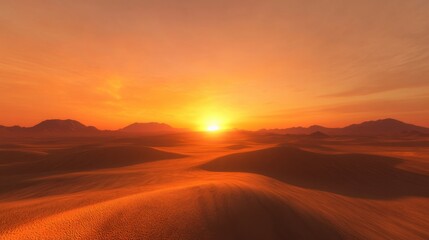 Obraz premium A breathtaking sunset over vast desert sand dunes, showcasing vibrant orange hues and serene mountain silhouettes.