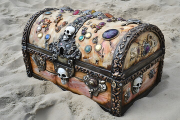 Ornate Pirate Treasure Chest Full of Jewels and Coins on Beach 