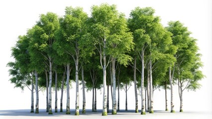 A group of European Aspen trees projects beautiful shadows against a crisp white background, creating a striking 3D illustration perfect for nature-themed and botanical projects.