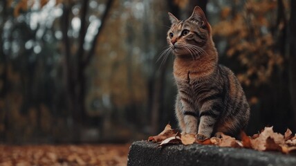A Tabby Cat Sitting on a Rock With Fallen Autumn Leaves