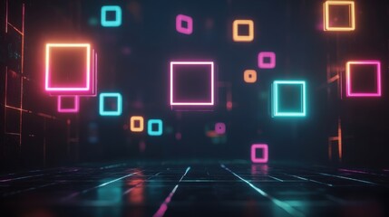 Fototapeta premium Vibrant neon squares floating in a dark, tech-inspired environment create a mesmerizing digital ambiance.