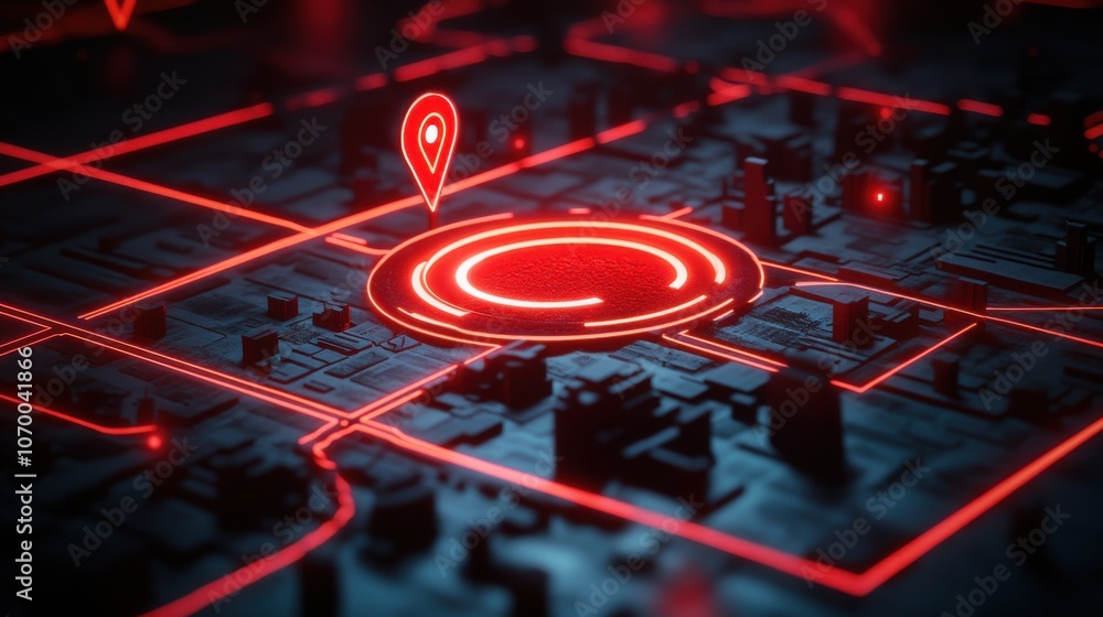 Poster futuristic map view with red neon elements, highlighting a central location in a dark urban setting.