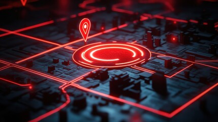 Futuristic map view with red neon elements, highlighting a central location in a dark urban setting.