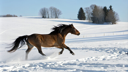 Horse running across on snowy field with a white