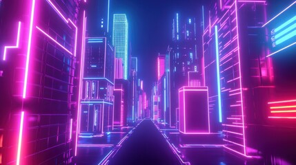 Obraz premium A futuristic cityscape with vibrant neon lights illuminating the towering skyscrapers at night.