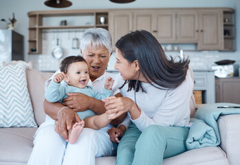 Happy, grandmother and women with baby at house for love embrace, family support and bonding...