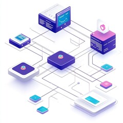 Obraz premium Illustration of interconnected digital devices and data nodes representing a networked system for data processing and communication.