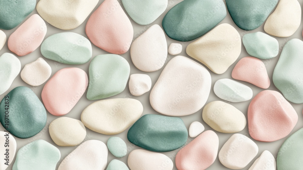 Poster a close-up of smooth, multicolored pebbles in pastel shades, creating a calming and serene natural p