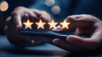 A man's hand rates a service on a mobile device with stars visualization.