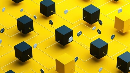 Abstract visualization of network communication with black and yellow cubes connected by golden lines on a bright yellow background.