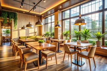 Modern Minimalist African American Restaurant Interior Design with Wooden Furnishings and Abundant Natural Light, Perfect for Daytime Dining Experiences