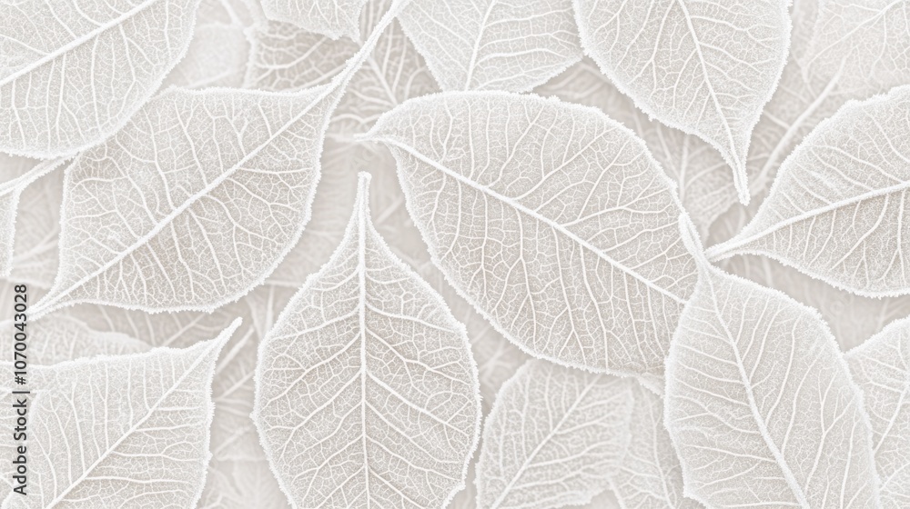 Poster a delicate arrangement of translucent white leaves with intricate vein patterns, creating a serene a