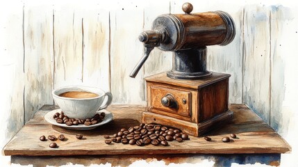 A vintage coffee grinder sits on a wooden table next to a cup of coffee and scattered coffee beans.