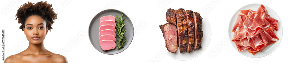 Poster a white plate with slices of ham isolated on a transparent background, top view