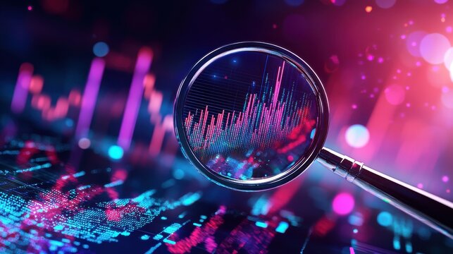 Magnifying glass focusing on a section of a colorful data visualization, representing the importance of data analysis and research in decision-making.