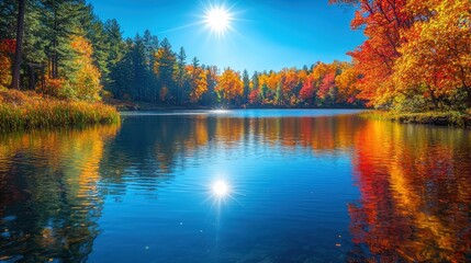 Obraz premium Autumn lake surrounded by colorful trees under a bright sun in the afternoon
