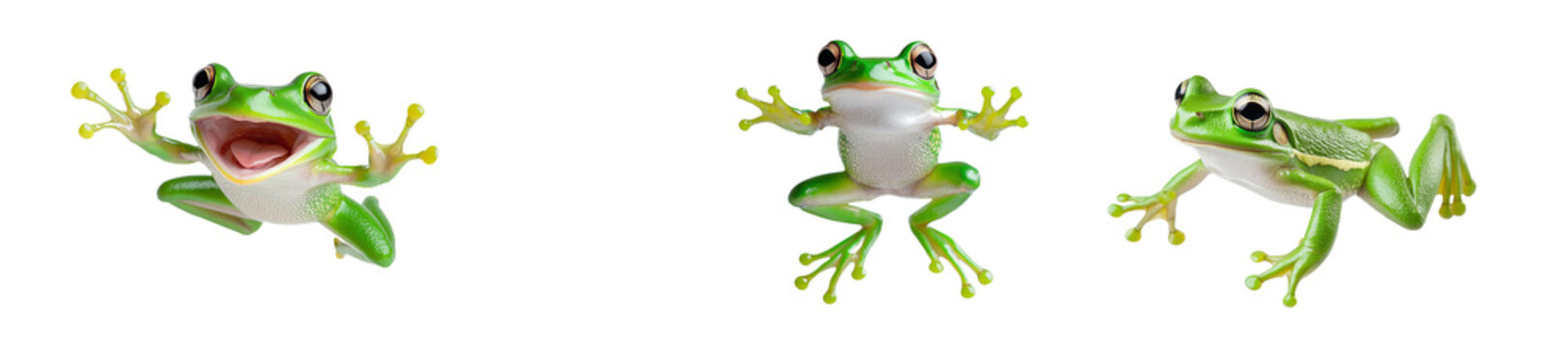 Isolated on a white background, a high quality stock photograph of a happy frog jumping
