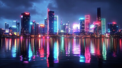 Fototapeta premium Vibrant city skyline at night with colorful reflections in the water, showcasing a modern urban landscape.