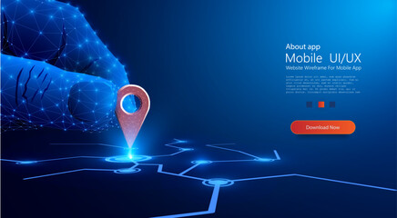 Vector illustration of a polygonal wireframe hand interacting with a digital location pin. Perfect for themes of GPS, navigation, technology, digital maps, and futuristic connectivity.