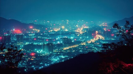 Night cityscape view from a hilltop with blurry lights and a soft blue hue.