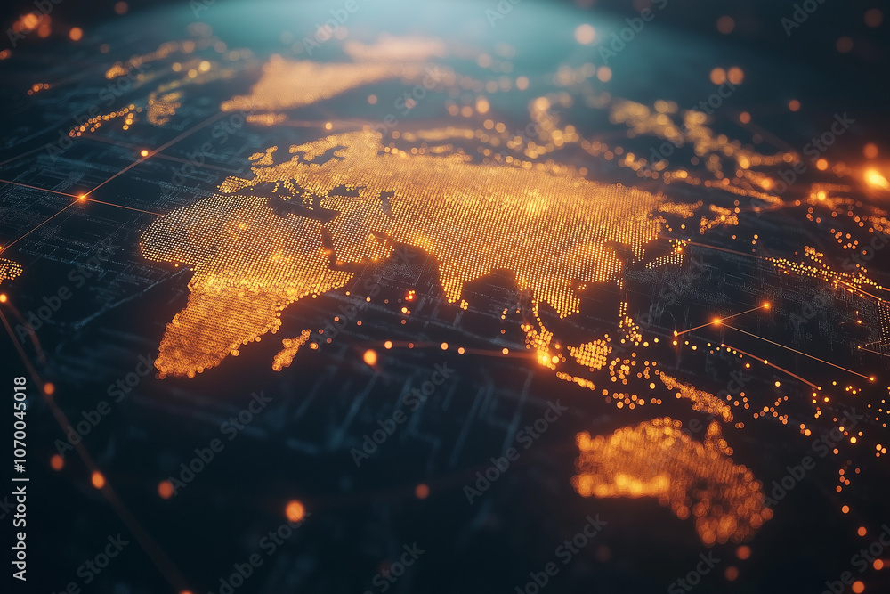 Poster abstract world map with glowing lines light technology