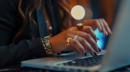 Close-up of a woman's hands typing on a laptop keyboard, adorned with stylish rings and bracelets, emphasizing the fusion of fashion and technology.