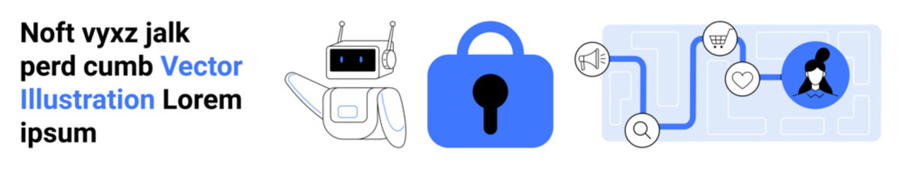 Robot, blue padlock, user authentication process with icons and text. Ideal for cybersecurity, AI, technology, data protection, online security, user interfaces, informational materials. Banner