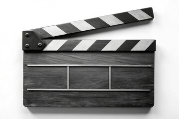 Fototapeta premium A blank black and white wooden clapperboard, isolated on a white background, perfect for film production and photography purposes, adds a classic touch to your project.