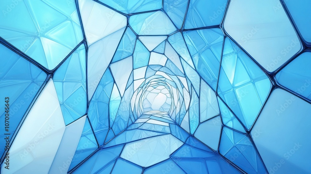 Poster an abstract tunnel design featuring a stunning array of blue geometric shapes, creating a sense of d