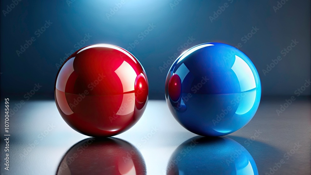 Poster red and blue glossy spheres on smooth surface - perfect balance of color and shape for modern design
