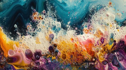 Abstract colorful acrylic paint swirls with white bubbles.