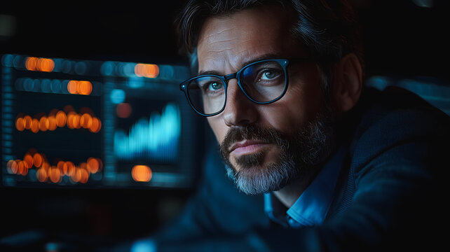 A man wearing glasses is staring at a computer screen. Concept of focus and concentration as the man looks intently at the screen - Powered by Adobe